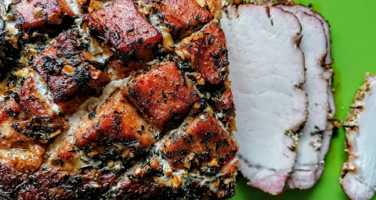 Arrosto di lonza di maiale con crosta croccante e erbe aromatiche, pronto per essere gustato. Ottima tra le lonza di maiale ricette.