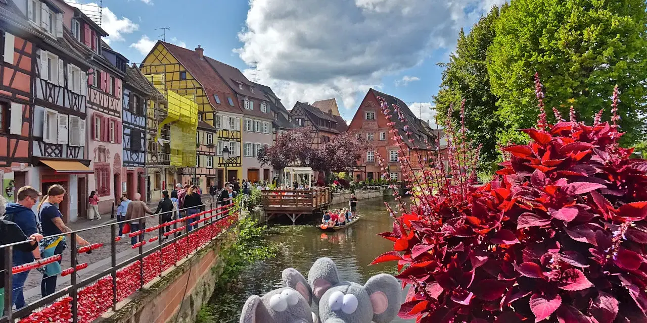 Deux peluches souris posent devant les maisons colorées de Colmar, une destination idéale pour visiter Colmar en 1 jour. Une barque navigue sur le canal.