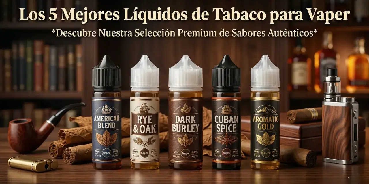 Cinco botellas de eliquid con sabores a tabaco: American Blend, Rye & Oak, Dark Burley, Cuban Spice y Aromatic Gold.
