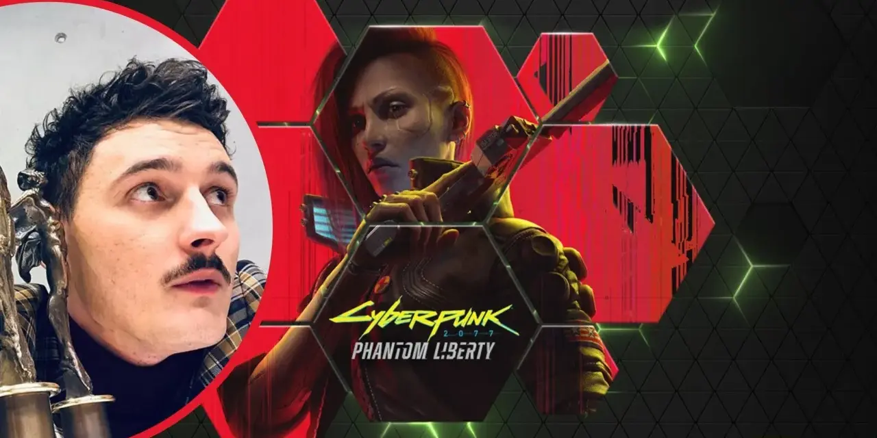 Dawid Podsiadło w stylizacji cyberpunk, obok postaci z gry Cyberpunk 2077: Phantom Liberty.