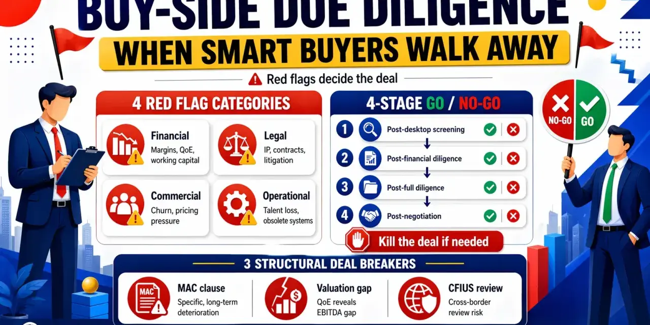 Buy-side due diligence checklist: 4 red flag categories, 4-stage go/no-go process, and 3 structural deal breakers.