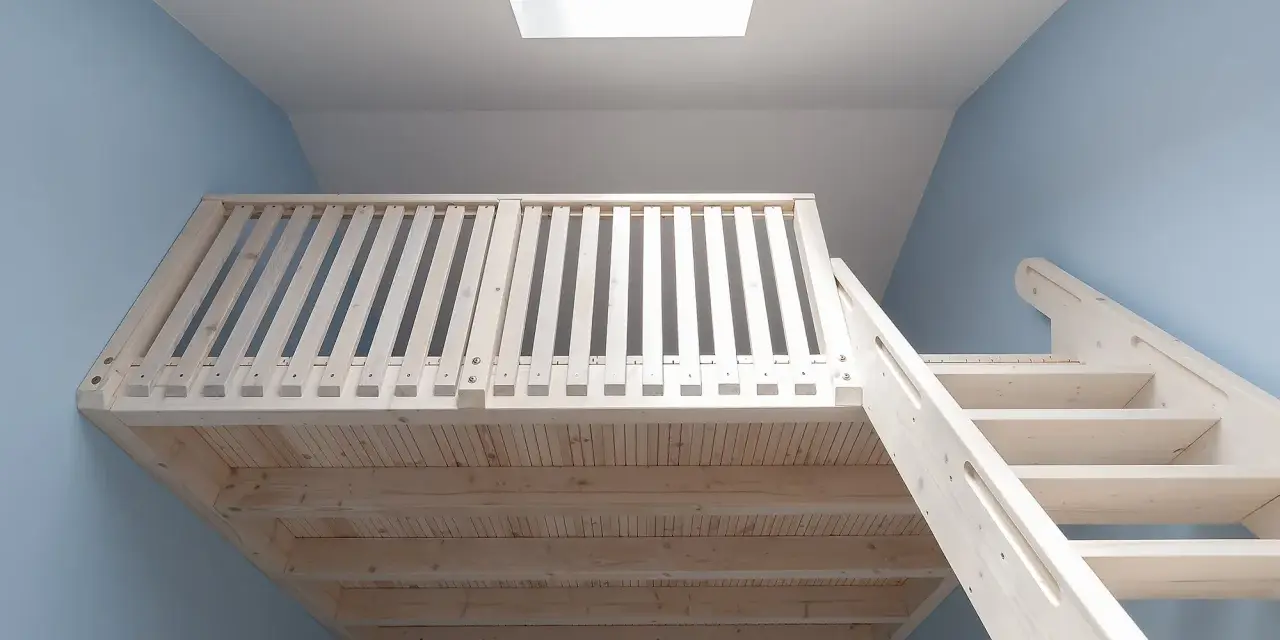 Jasna, drewniana antresola z balustradą i schodami, podświetlona przez okno dachowe.