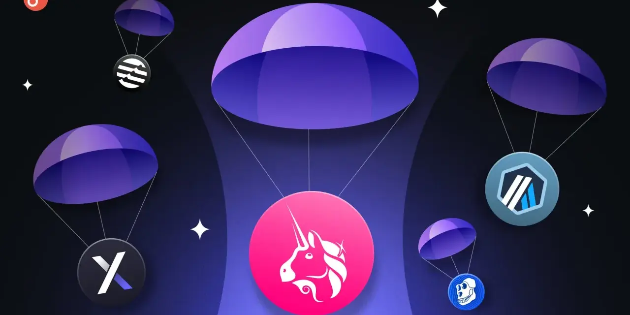 Co to jest airdrop kryptowaluty? Ilustracja pokazuje kilka tokenów kryptowalutowych spadających na spadochronach, symbolizując darmowe rozdawanie cyfrowych aktywów.