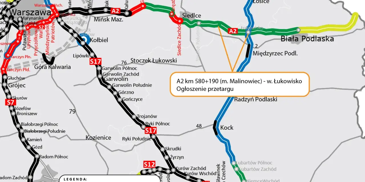Mapa drogowa z zaznaczonymi autostradami A2, S7, S12, S17 i S2 oraz informacją o przetargu na odcinek A2.