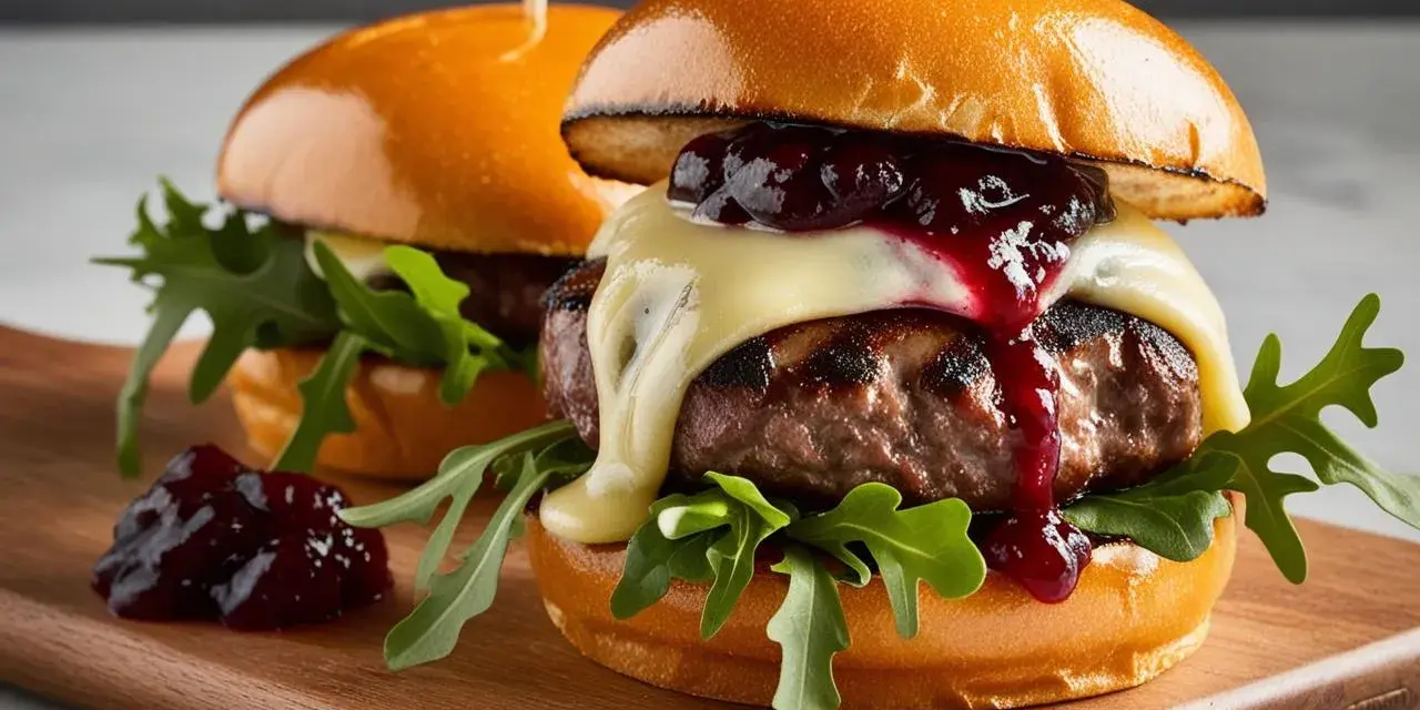 Dwa soczyste burgery wołowe z serem, konfiturą i rukolą na desce.
