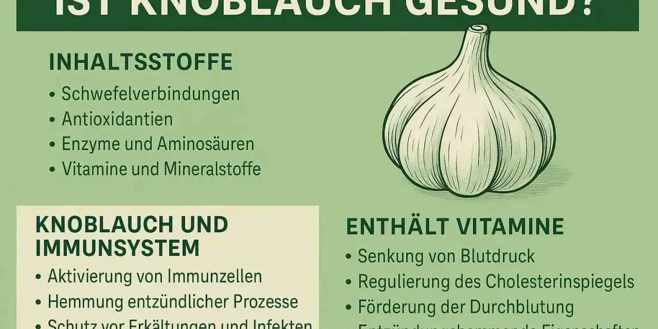 Knoblauch ist gesund! Die Grafik zeigt, dass er Schwefelverbindungen, Antioxidantien, Enzyme, Aminosäuren, Vitamine und Mineralstoffe enthält. Er stärkt das Immunsystem und fördert die Durchblutung.