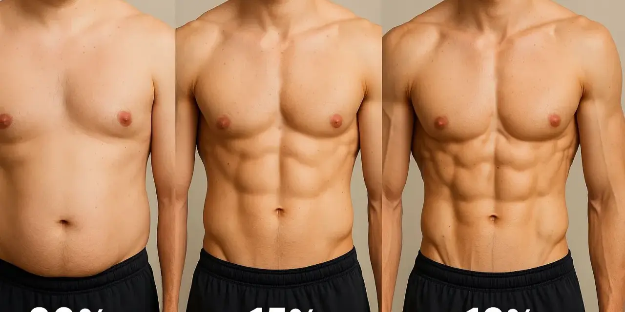 Trois hommes montrent leur progression : 20%, 15% et 12% de masse grasse. La musculation sèche et une alimentation contrôlée, incluant les glucides, transforment le corps.