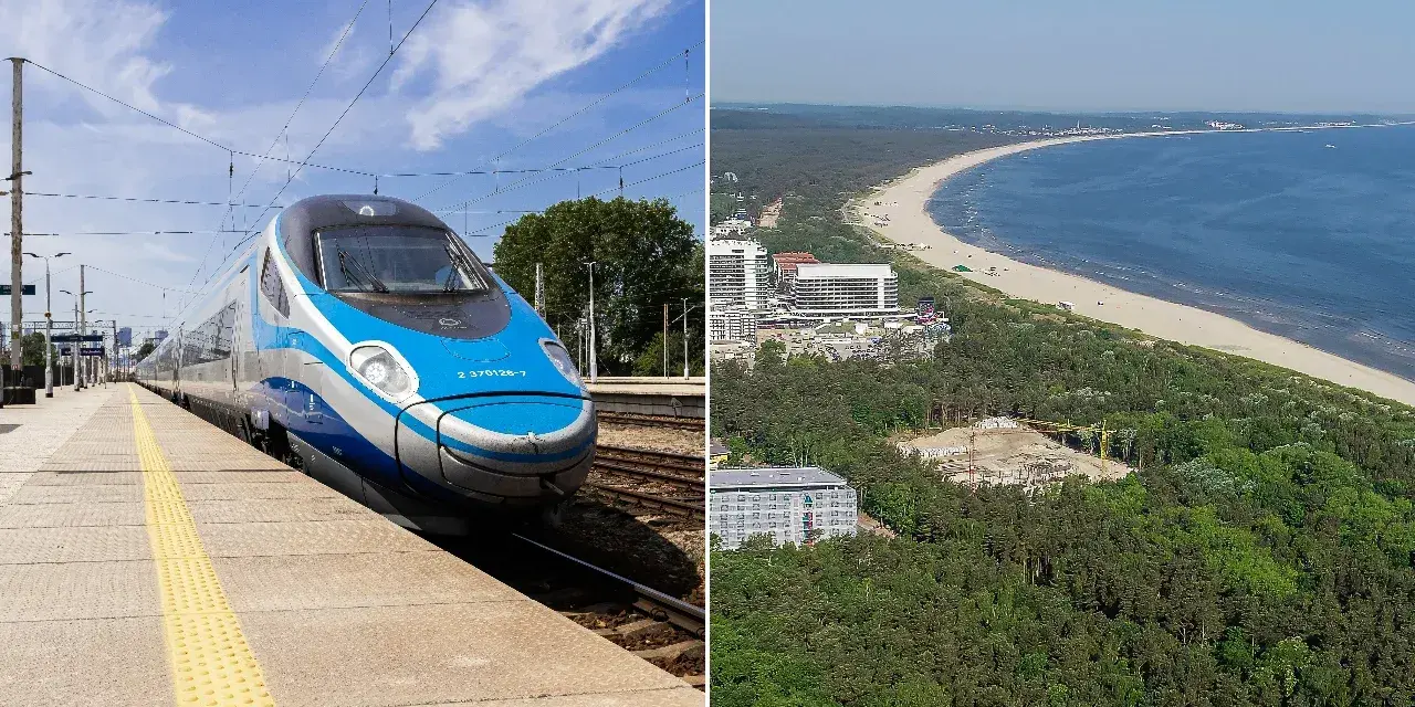 Szybki pociąg Pendolino na stacji i widok na plażę z mewą w tle.