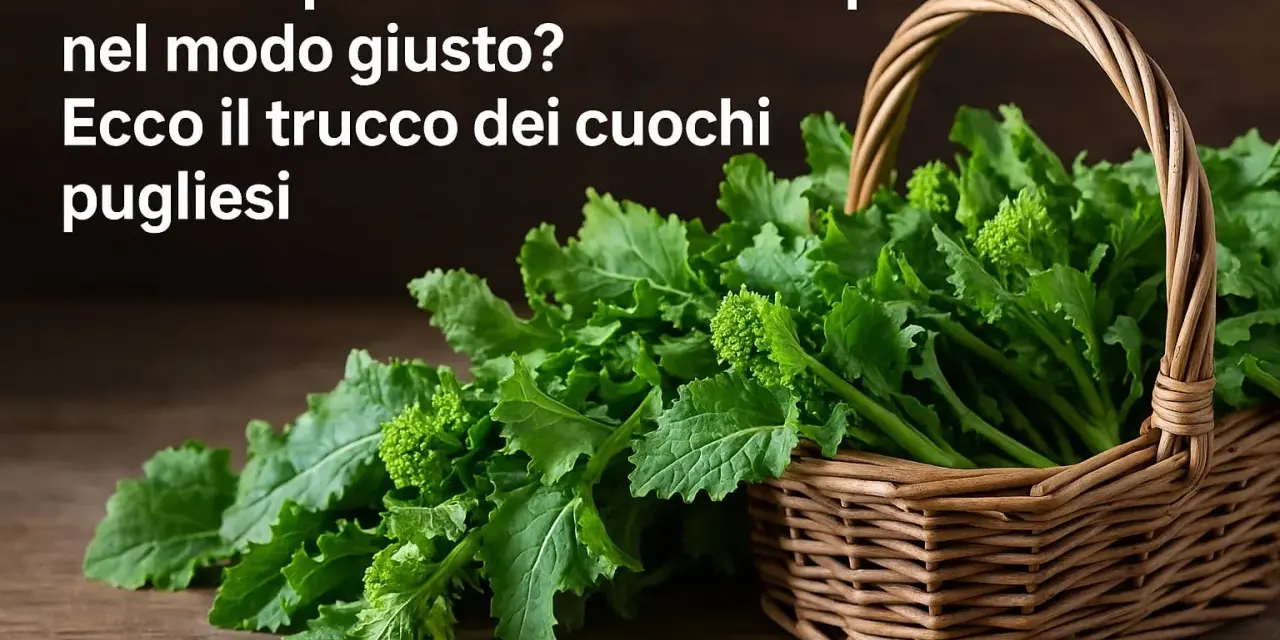 Cime di rapa fresche in un cesto di vimini, pronte per gustose ricette pugliesi.