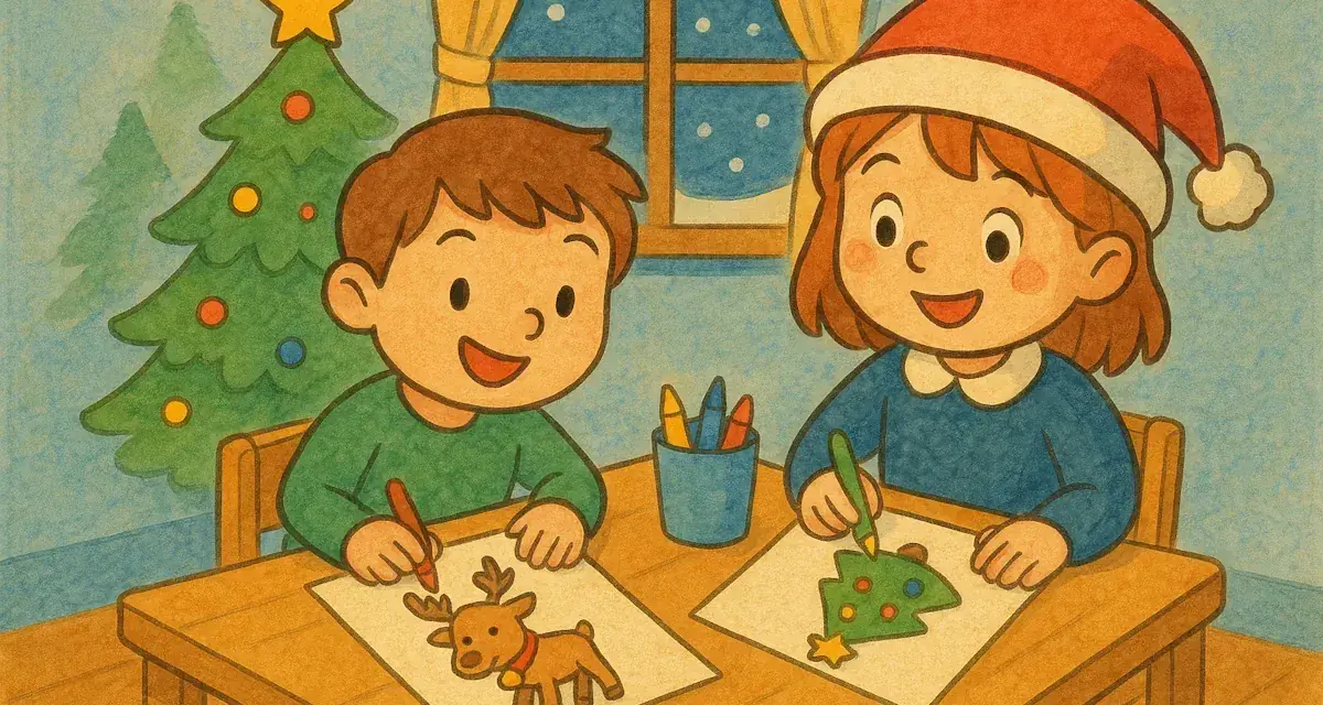 Två barn sitter vid ett bord och ritar julmotiv. Flickan med tomteluva ritar en julgran, pojken ritar en ren. En julgran står i bakgrunden. Det är en del av 365 rita jul.