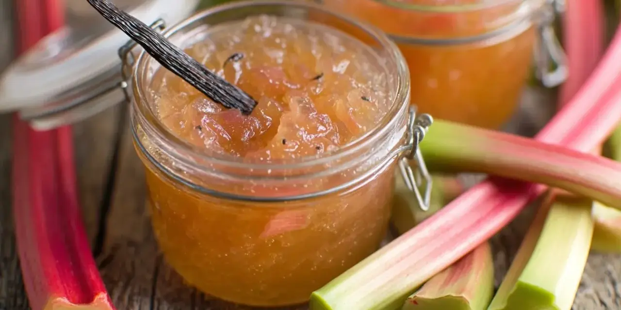 Confiture de rhubarbe maison, avec une gousse de vanille, sur un fond de tiges de rhubarbe fraîches.