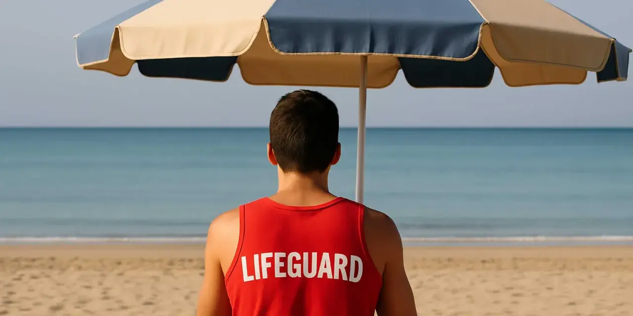 Giovane bagnino sorveglia la spiaggia, un'idea per lavori estivi per minorenni.