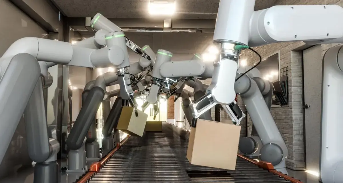 Wiele ramion robotów współpracujących chwyta kartony na linii produkcyjnej.
