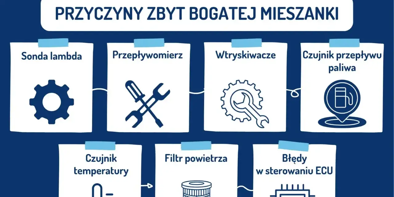 Przyczyny zbyt bogatej mieszanki: sonda lambda, przepływomierz, wtryskiwacze, czujnik paliwa, czujnik temperatury, filtr powietrza, błędy ECU. p0172.