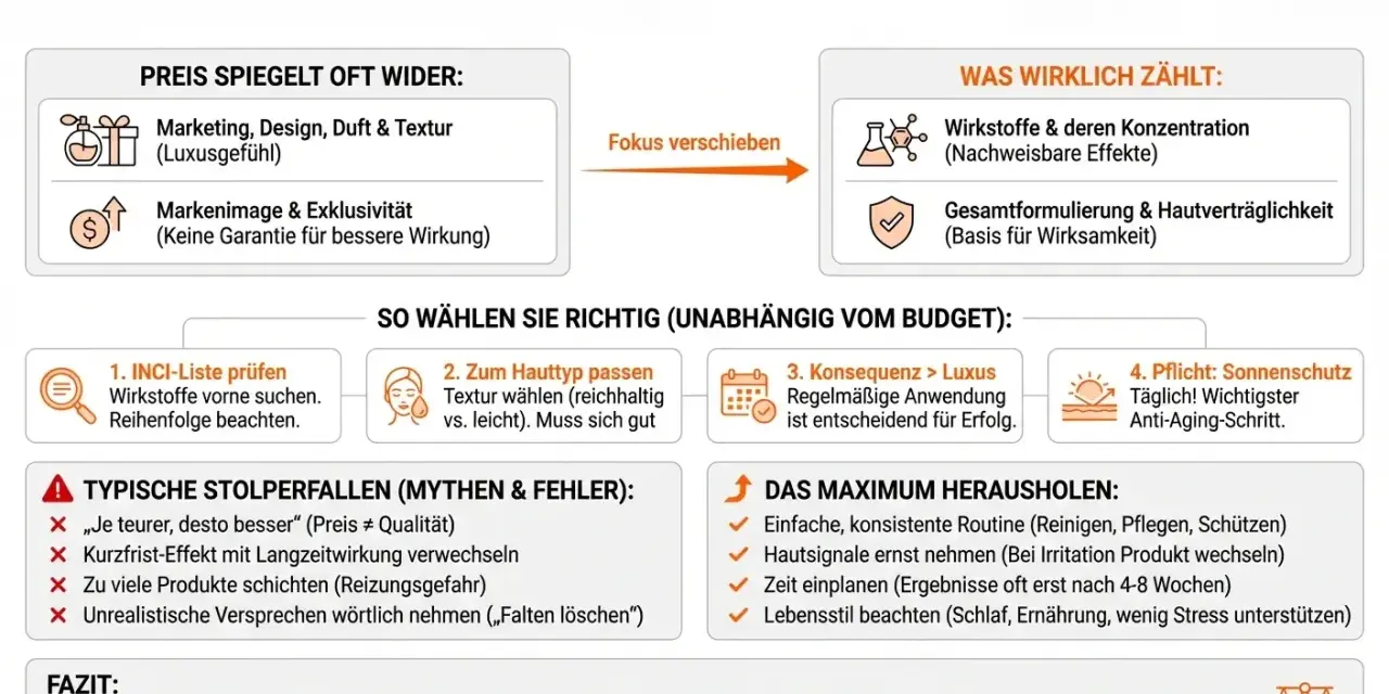Was ist Anti-Aging-Creme? Die Grafik erklärt, dass Wirkstoffe, Konzentration und Hautverträglichkeit zählen, nicht der Preis.