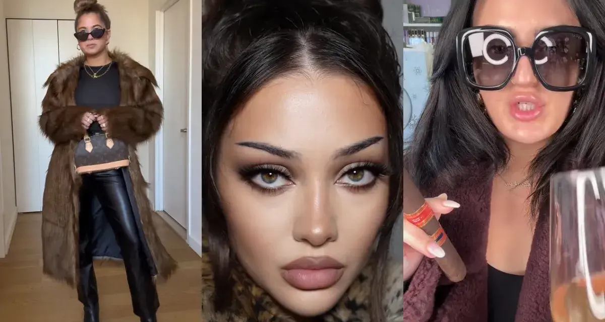 Kobiety w stylu mob wife makeup: futro, skóra, cygaro i drink.