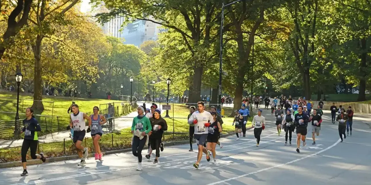 I partecipanti alla maratona di New York corrono lungo un viale alberato in una giornata autunnale, con il sole che filtra tra le foglie dorate.