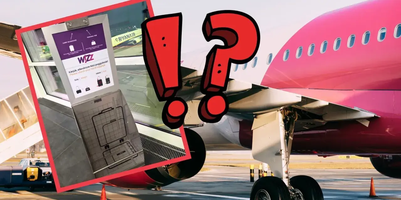 Wizz Air: czy można wziąć parasol do samolotu? Tablica kontrolna bagażu podręcznego obok samolotu Wizz Air.