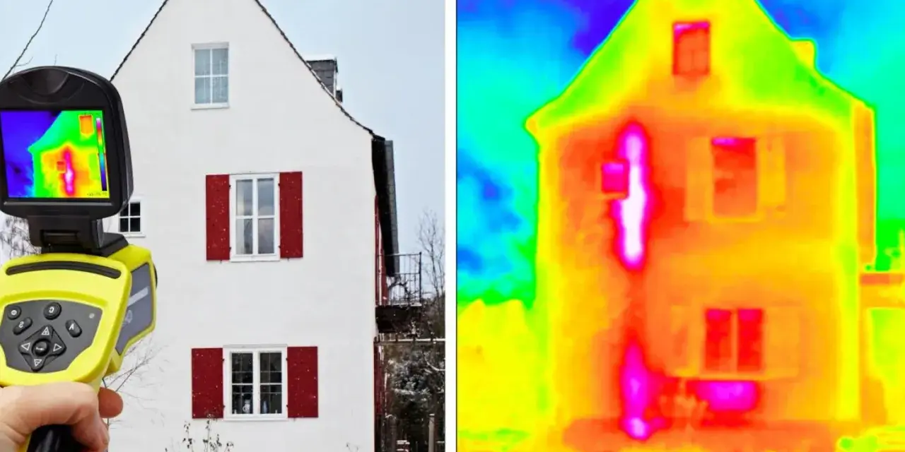 Termowizja domu zimą. Kamera pokazuje miejsca, gdzie ucieka ciepło, czyli mostek termiczny.