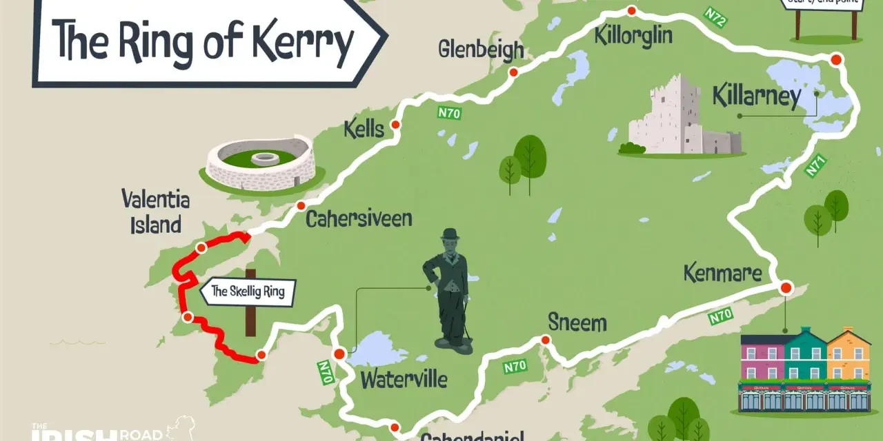 Map of the Ring of Kerry, showing towns like Killarney, Kenmare, and Waterville, with a red route highlighting the Skellig Ring detour.
