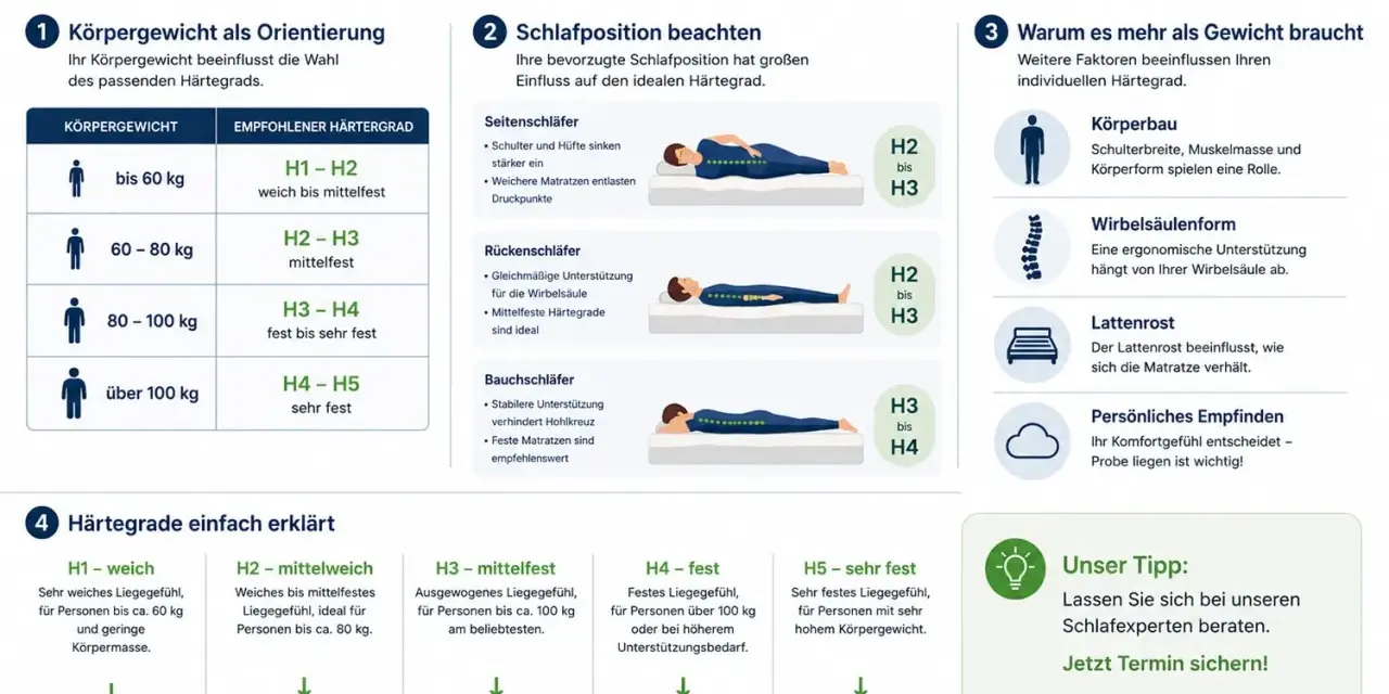 Infografik hilft, die richtige Matratze finden: Körpergewicht, Schlafposition & mehr bestimmen den idealen Härtegrad für Ihren Schlaf.
