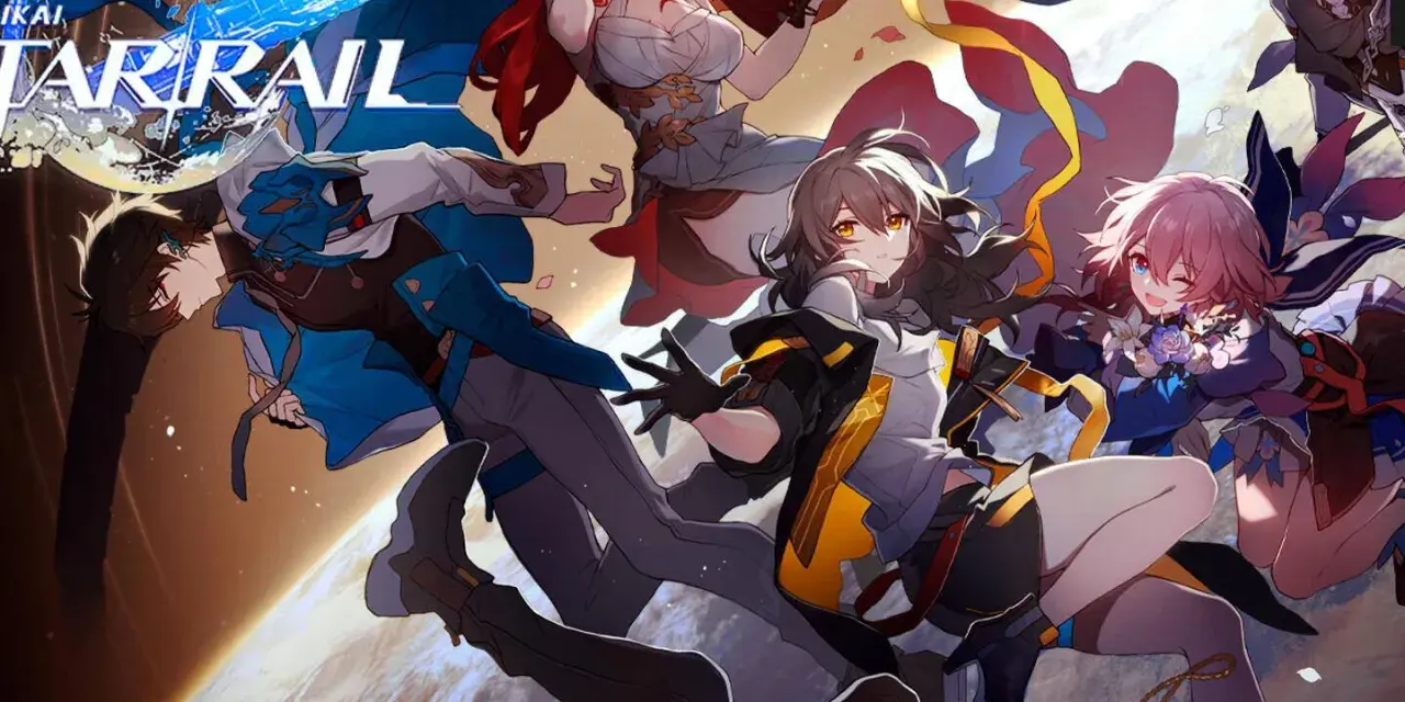 Personajes de Honkai Star Rail flotan sobre la Tierra, listos para una aventura cósmica.