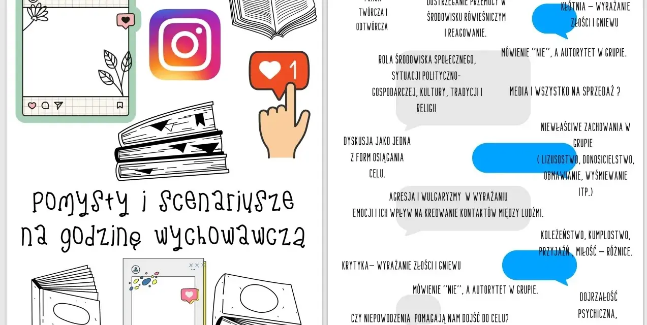 Grafika z elementami do lekcji wychowawczej klasa 7: ikony social mediów, książki, dymki z tekstem o relacjach i emocjach.
