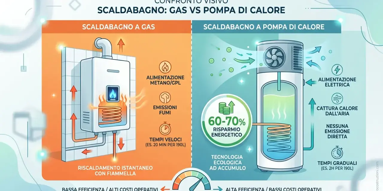Confronto tra scaldabagno a gas e a pompa di calore. Quest'ultimo, con alimentazione elettrica, offre risparmio energetico e tecnologia ecologica, a differenza dello scaldabagno a gas.