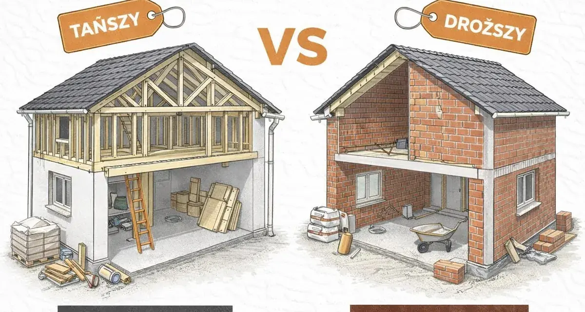 Porównanie: dom szkieletowy (tańszy) vs. dom murowany (droższy). Ilustracja pokazuje przekroje obu budynków.