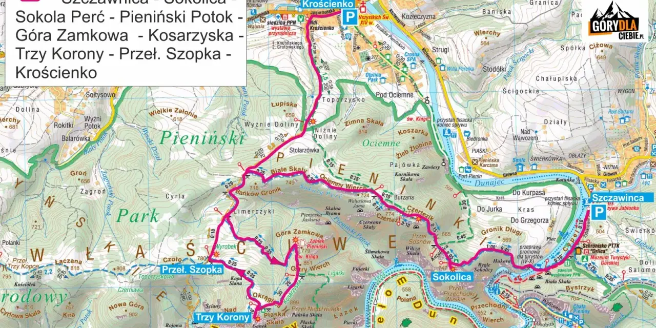 Szlak turystyczny: Szczawnica, Sokolica, Sokola Perć, Trzy Korony, Krościenko. Mapa Pienin.
