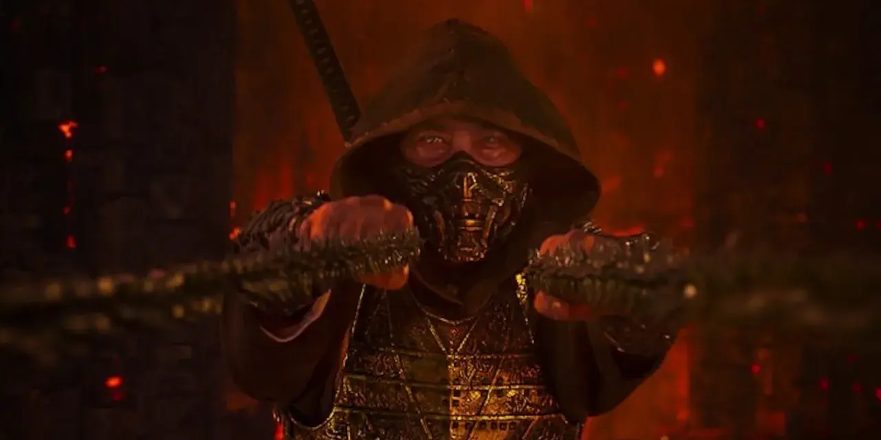 Scorpion w zbroi i kapturze, z mieczem za plecami, gotowy do walki. Kiedy Mortal Kombat 2?