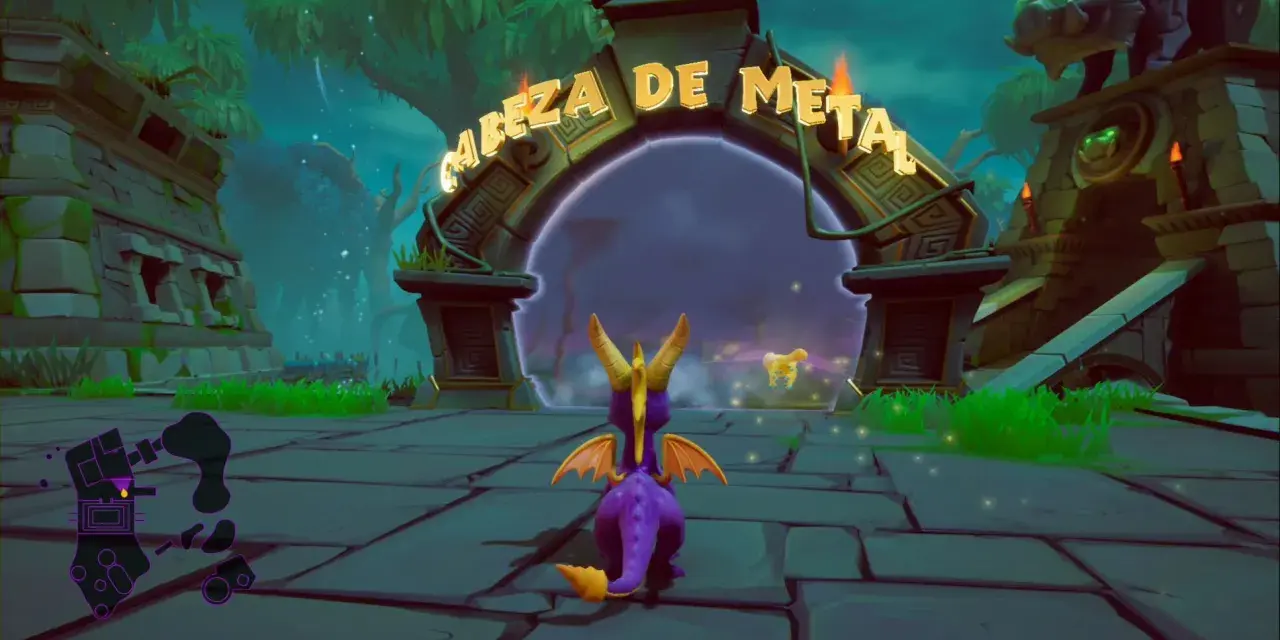 Spyro se acerca a un portal con la inscripción "Cabeza de Metal". El dragón morado está listo para la aventura.