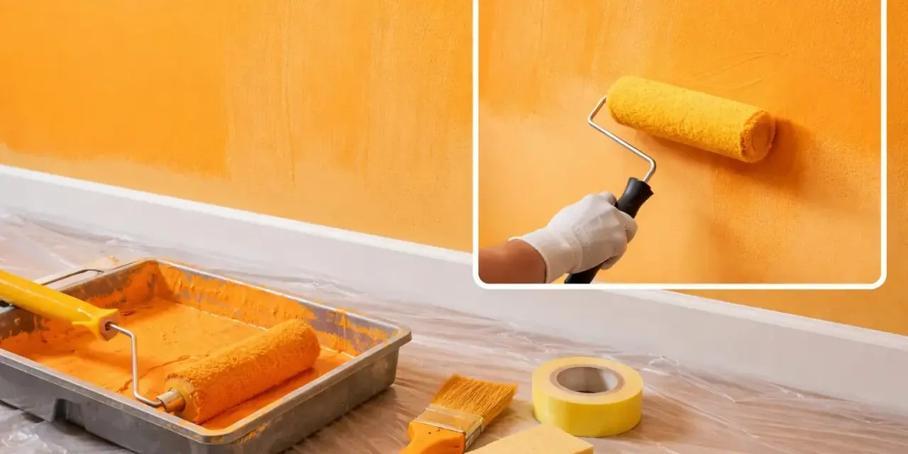 Un rouleau de peinture jaune crée des traces de rouleau à la lumière sur un mur orange. Matériel de peinture à proximité.