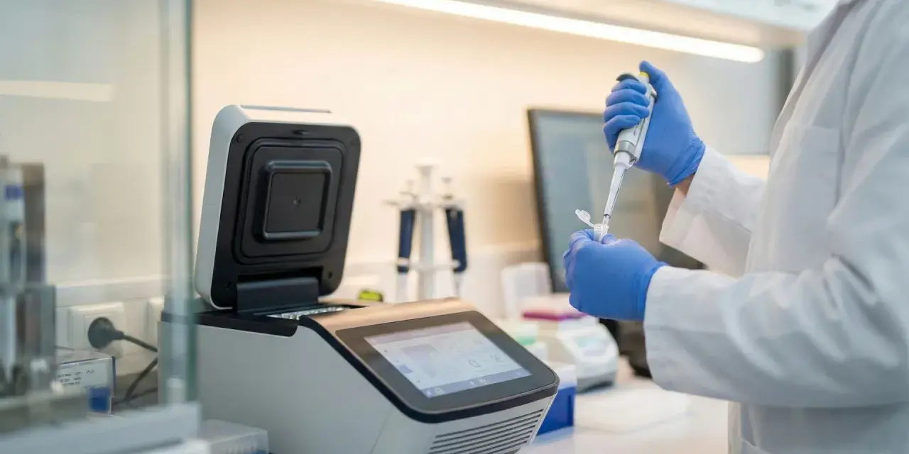 Laborant w rękawiczkach pobiera próbkę pipetą do urządzenia laboratoryjnego.