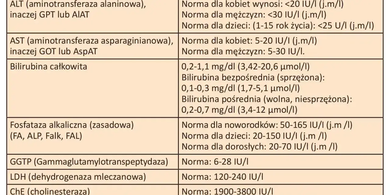 Tabela norm prób wątrobowych. Podwyższone GGTP może wskazywać na problemy z wątrobą.