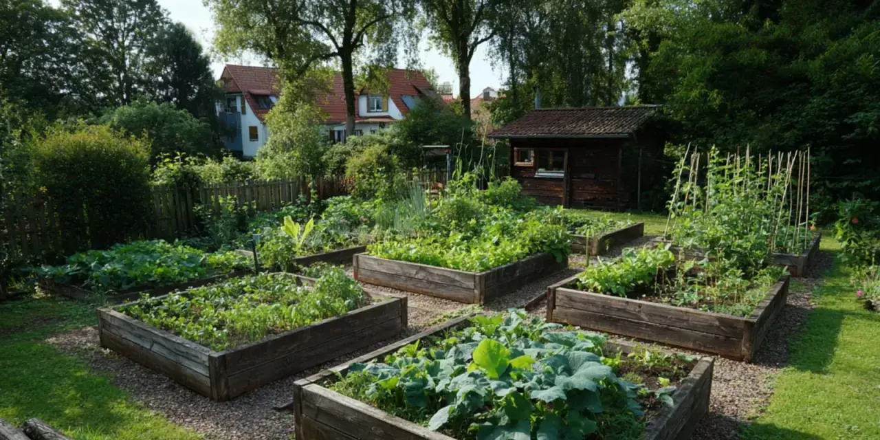 Ein moderner Bauerngarten mit Hochbeeten voller Gemüse und Kräuter. Im Hintergrund ein kleines Holzhaus und Bäume.