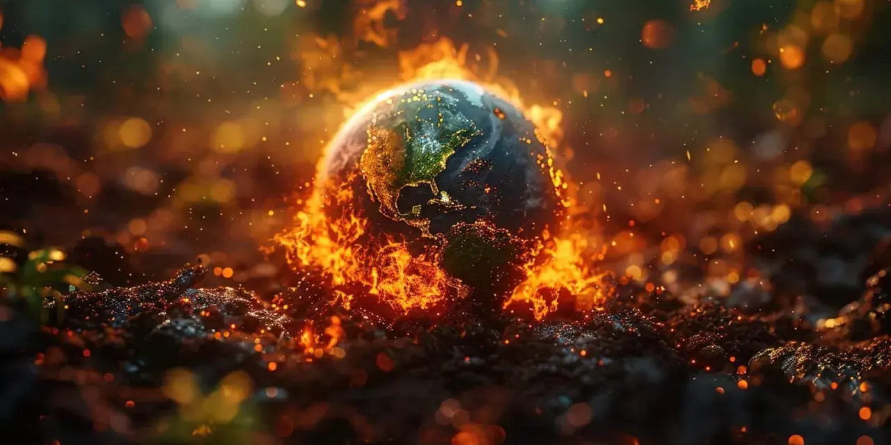 Ziemia w płomieniach, jakby baran jaki żywioł ogarnął planetę. Żar i iskry unoszą się w powietrzu, tworząc apokaliptyczny obraz.