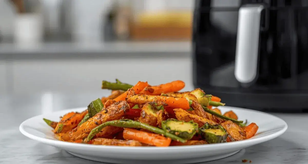 Un piatto di verdure miste, come carote, zucchine e fagiolini, cotte alla perfezione nella friggitrice ad aria, con un contorno dorato e saporito.