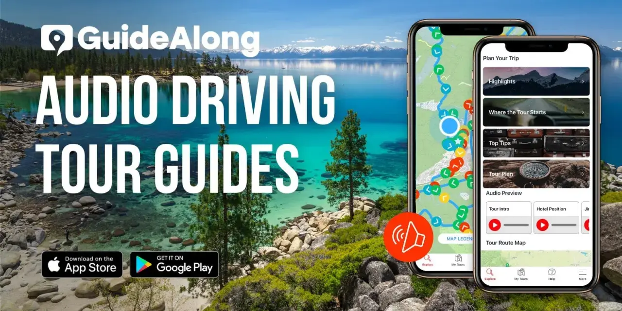 Piękne jezioro Tahoe z górami w tle. Obok dwa telefony z aplikacją GuideAlong - audio przewodniki po trasach, idealne na wycieczkę nad jezioro Tahoe.