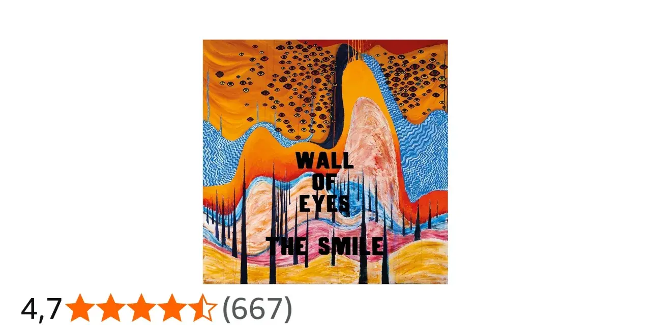 Obraz "Wall of Eyes" zespołu The Smile. Surrealistyczna kompozycja z licznymi oczami na pomarańczowym tle, przypominająca ścianę spojrzeń.