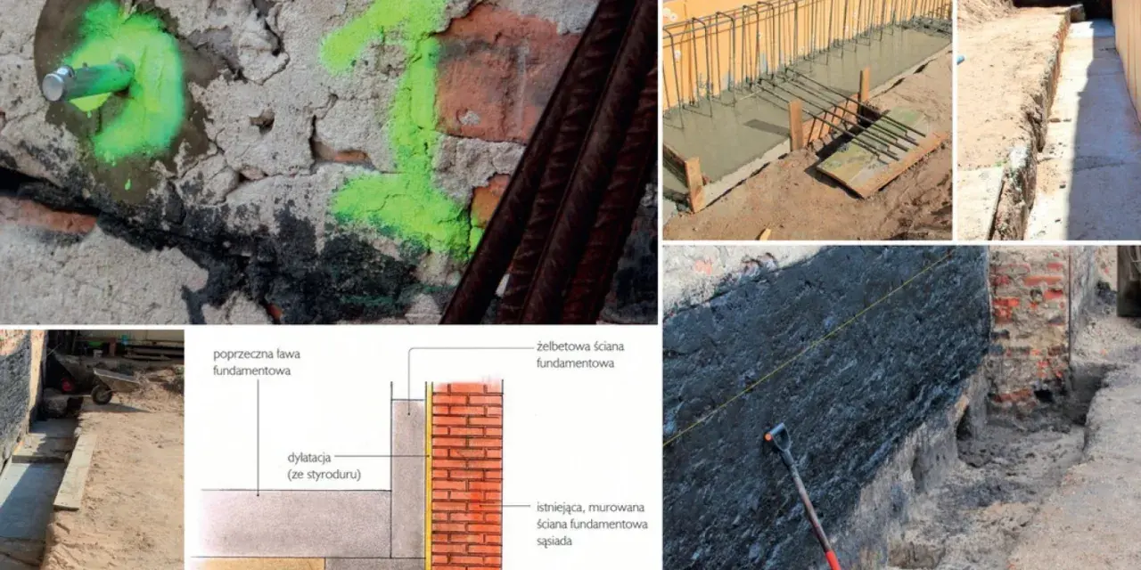 Prace przy wzmocnieniu fundamentów w starym domu: betonowanie, zbrojenie i izolacja. Schemat przedstawia przekrój ławy fundamentowej.