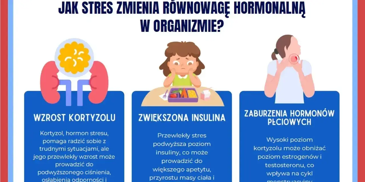 Grafika ilustruje objawy stresu: wzrost kortyzolu, zwiększoną insulinę i zaburzenia hormonów płciowych.