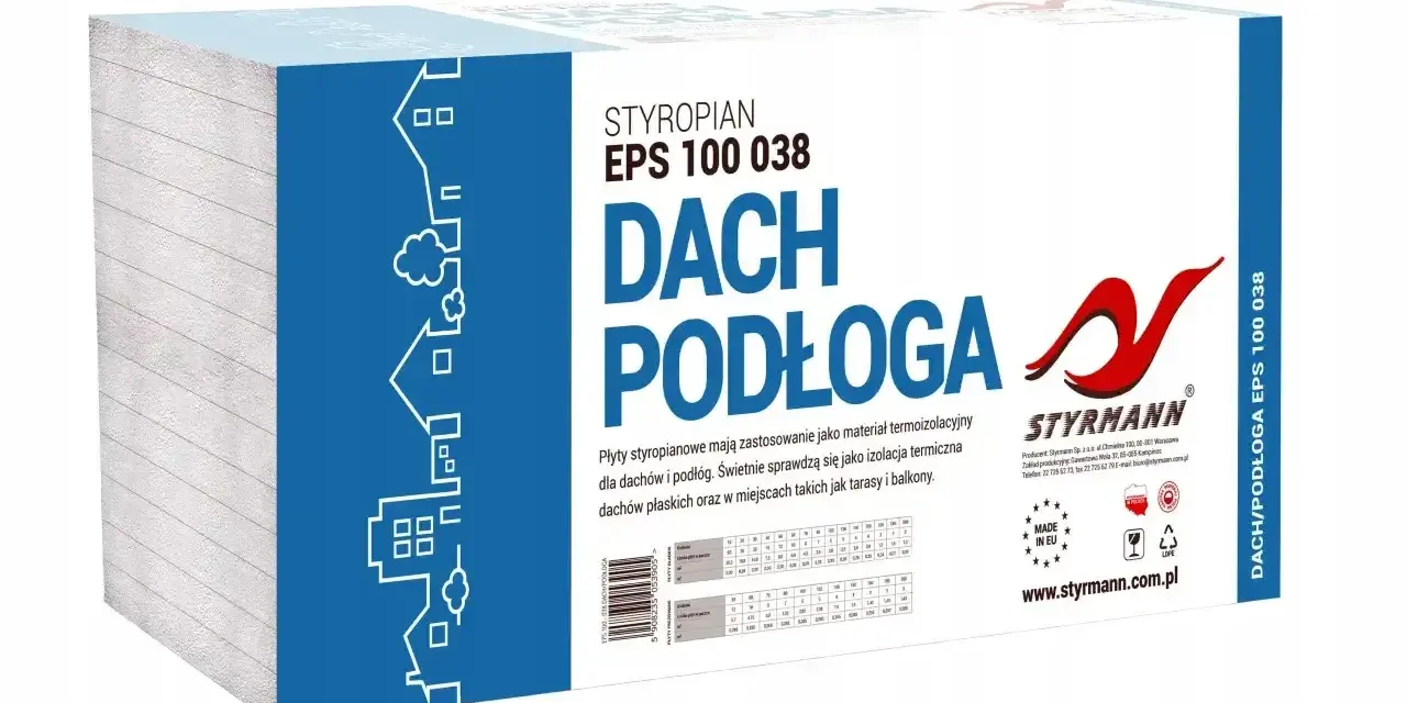 Paczka styropianu 5 z napisem "DACH PODŁOGA" i logo Styrmann. Idealna do izolacji termicznej dachów i podłóg.