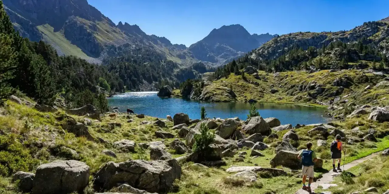 Deux randonneurs explorent un sentier rocailleux menant à un lac bleu étincelant, entouré de montagnes majestueuses. Une parfaite randonnée Val d'Aran.