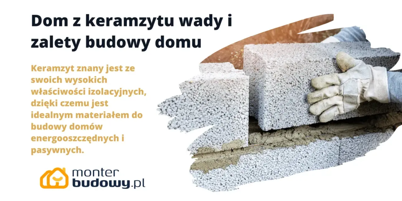 Budowa domu z keramzytu: wady i zalety. Ręka w rękawicy układa pustaki keramzytowe, tworząc ścianę.