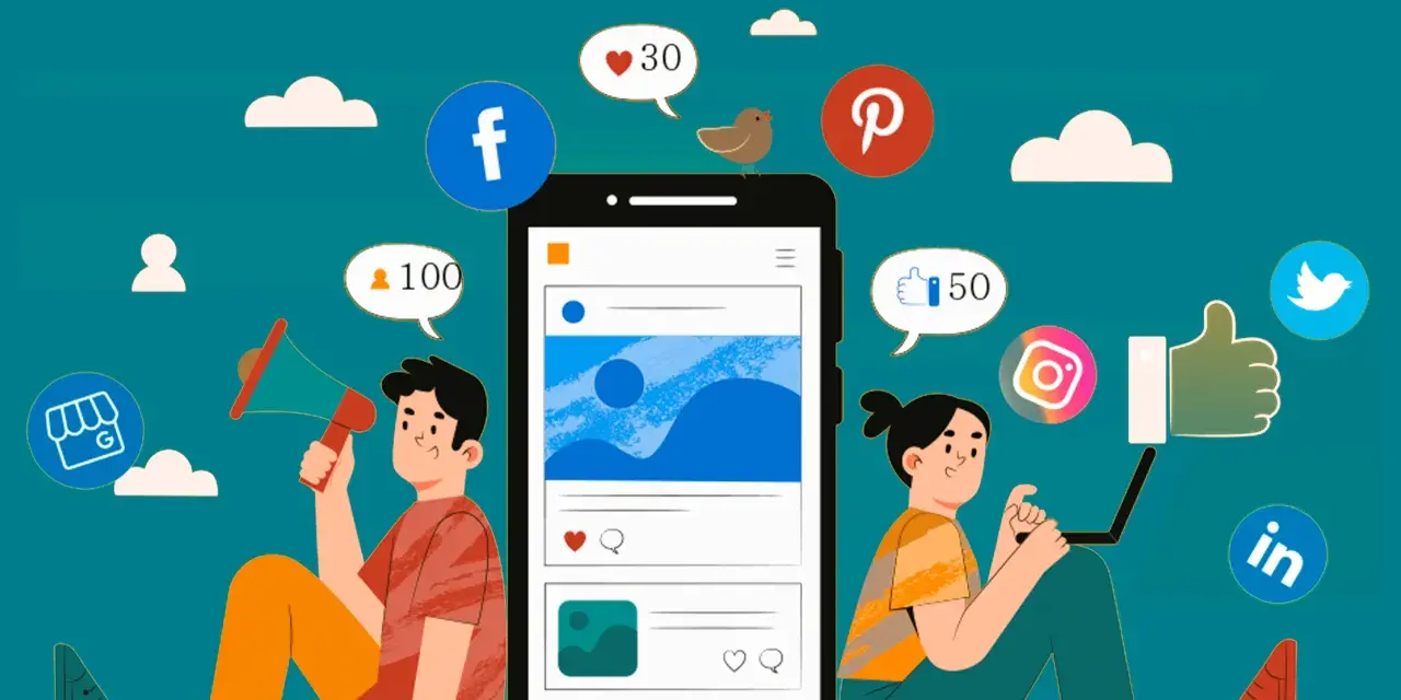 Dos personas interactúan con iconos de redes sociales, un teléfono y un portátil, ilustrando el social media marketing.