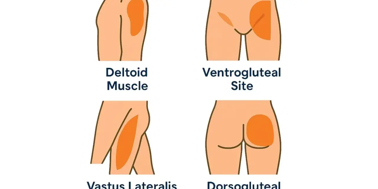 Illustration zeigt Injektionsstellen für eine Muskel-Spritze: Deltamuskel, Ventrogluteal, Vastus lateralis und Dorsogluteal.