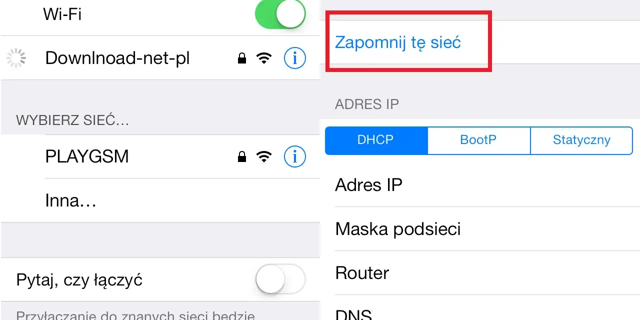 Na ekranie iPhone'a widać opcję "Zapomnij tę sieć", która pozwala wyłącz internet z tej konkretnej sieci Wi-Fi.