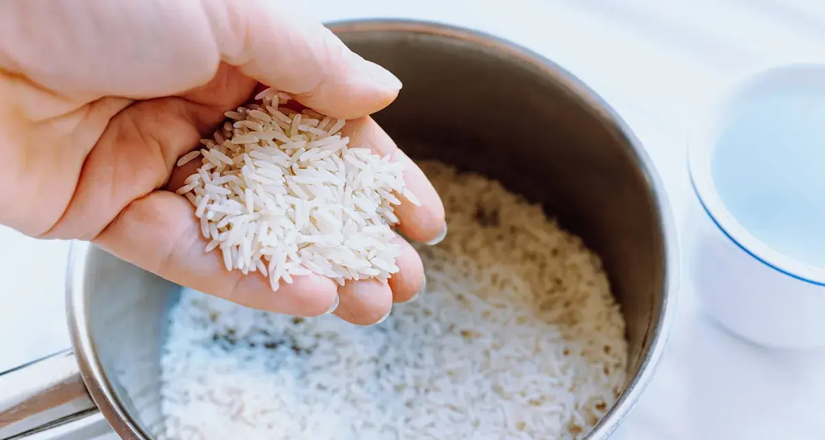 Mano sosteniendo arroz para calcular el tiempo cocción arroz perfecto. Olla con arroz y taza de agua al lado.