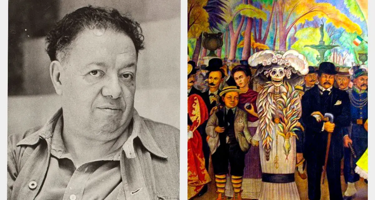 Diego Rivera, kahlos man, bredvid en målning med Frida Kahlo och en skelettfigur.